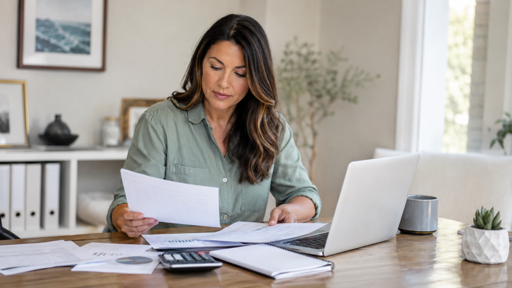 Self-employed woman reviewing income documents beside a laptop and calculator at home.