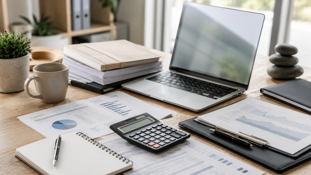 Financial documents, calculator, and laptop representing asset-based mortgage qualification.