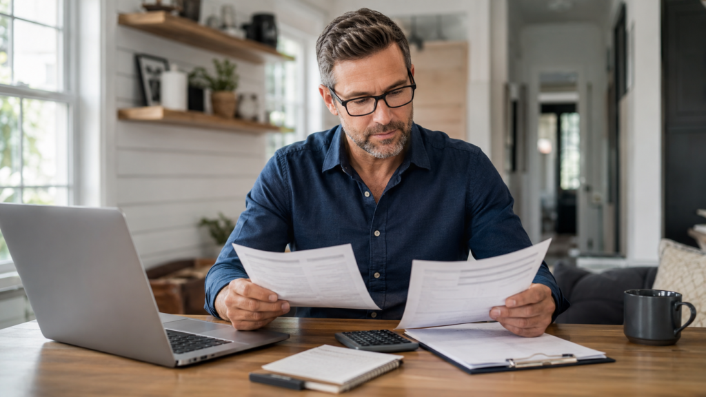 Self-employed borrower reviewing bank statements and financial documents beside a laptop at home.