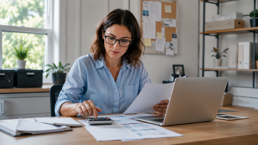 Self-employed professional reviewing financial documents beside a laptop and calculator in a home office