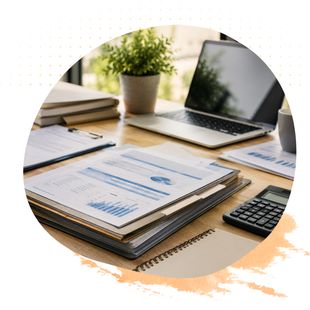Financial documents, calculator, notebook, and laptop arranged for alternative document loan review.