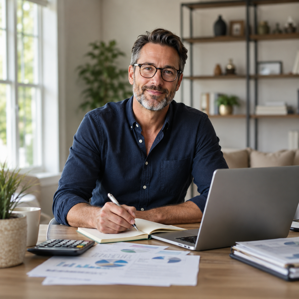 Self-employed professional reviewing financial documents beside a laptop and calculator at home.