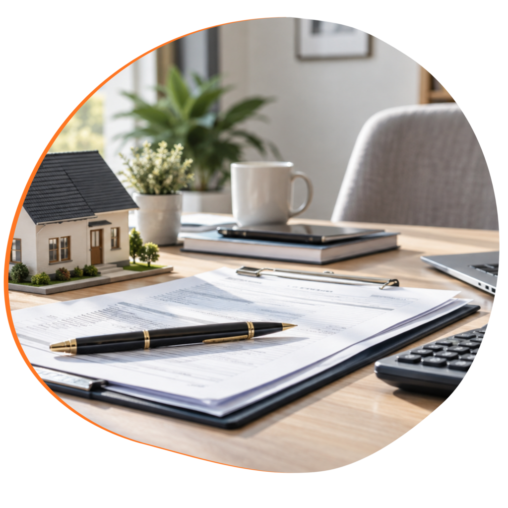 Mortgage documents, calculator, laptop, and house model representing ARM index and margin structure