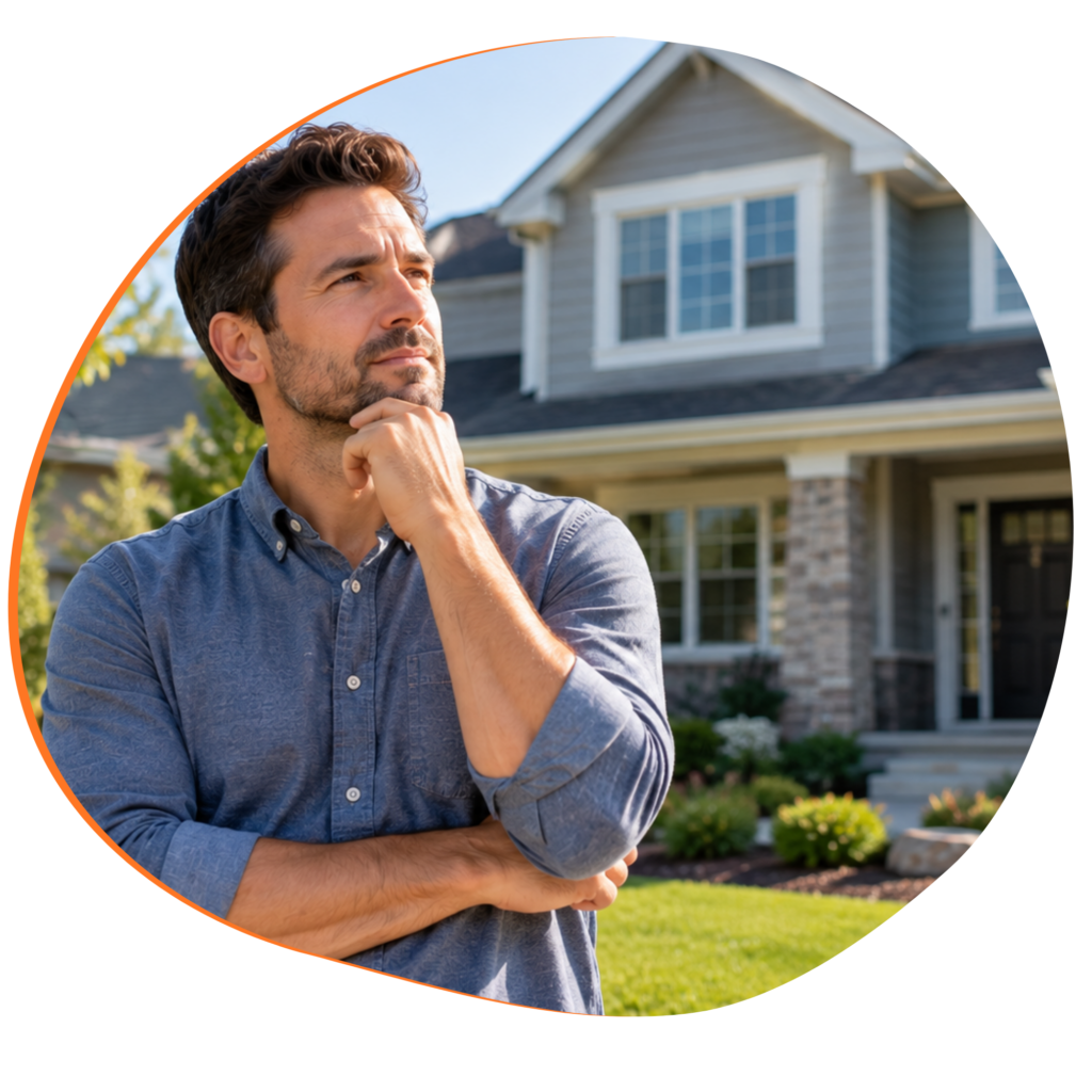 Homeowner standing outside a suburban home while considering long-term mortgage affordability