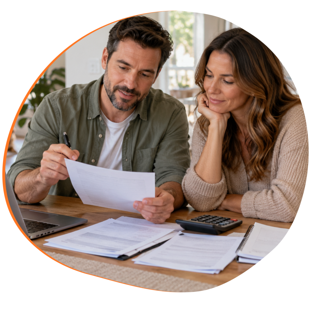 Couple reviewing mortgage documents with a laptop and calculator while evaluating ARM loan terms
