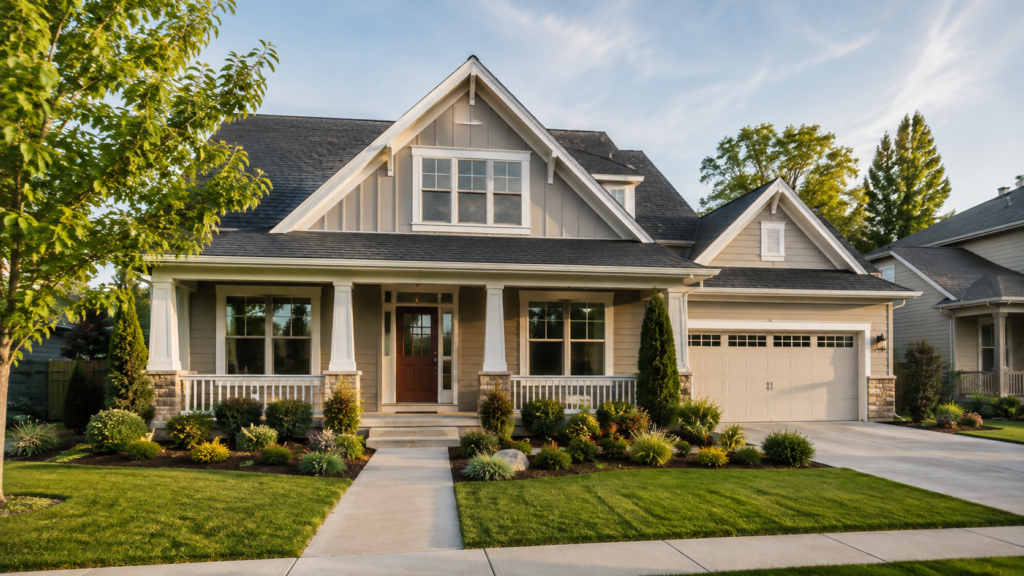 Two-story suburban home with front porch, attached garage, and landscaped yard