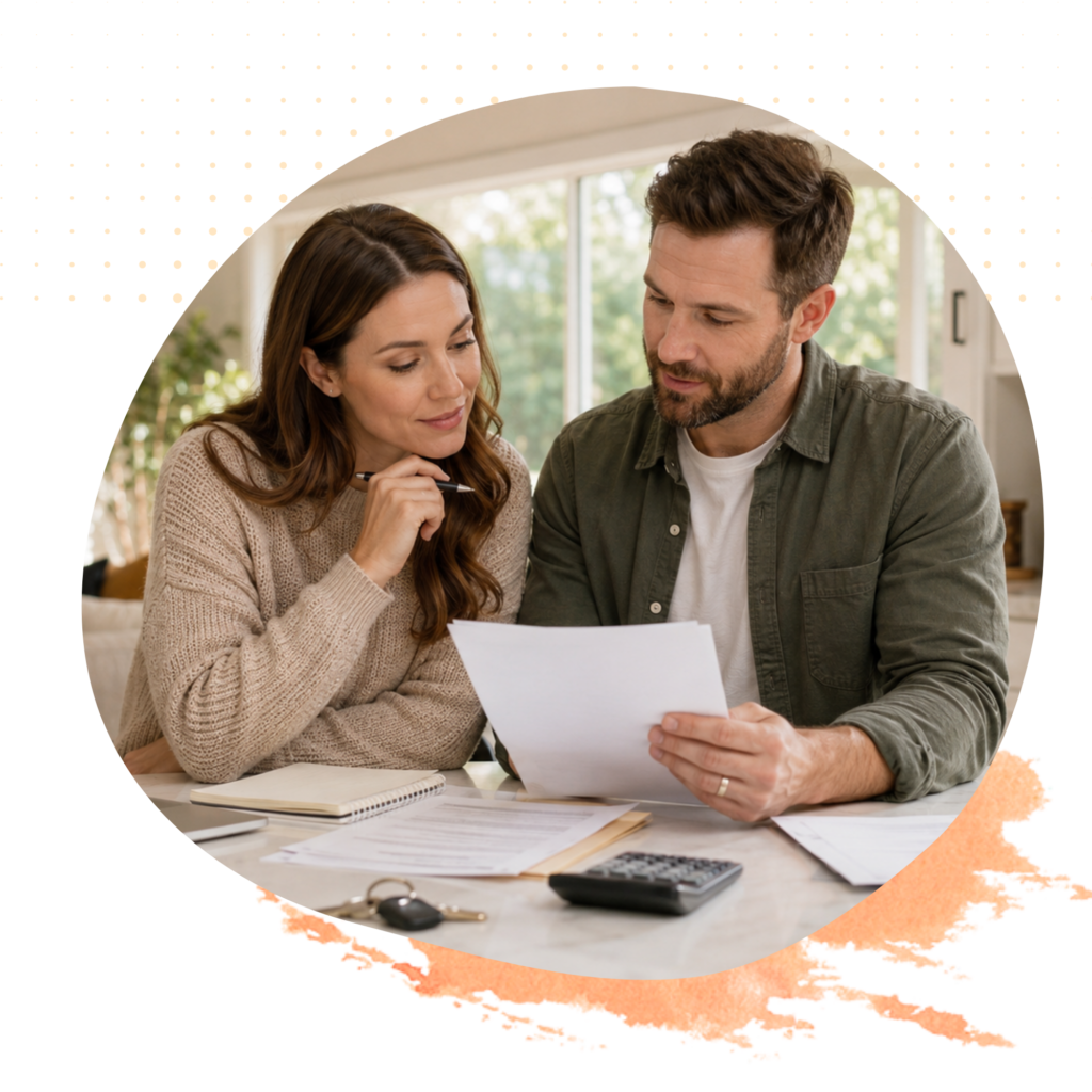 Couple reviewing mortgage documents with a laptop, calculator, and house keys at a kitchen island