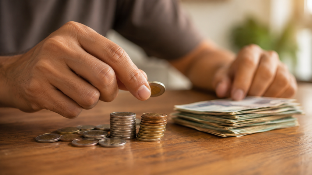 Hands organizing cash and coins on a table while reviewing a home purchase budget