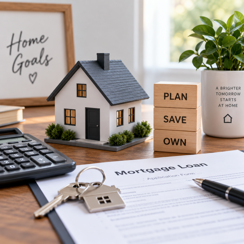 Model home with mortgage documents, calculator, house keys, and savings blocks representing down payment planning