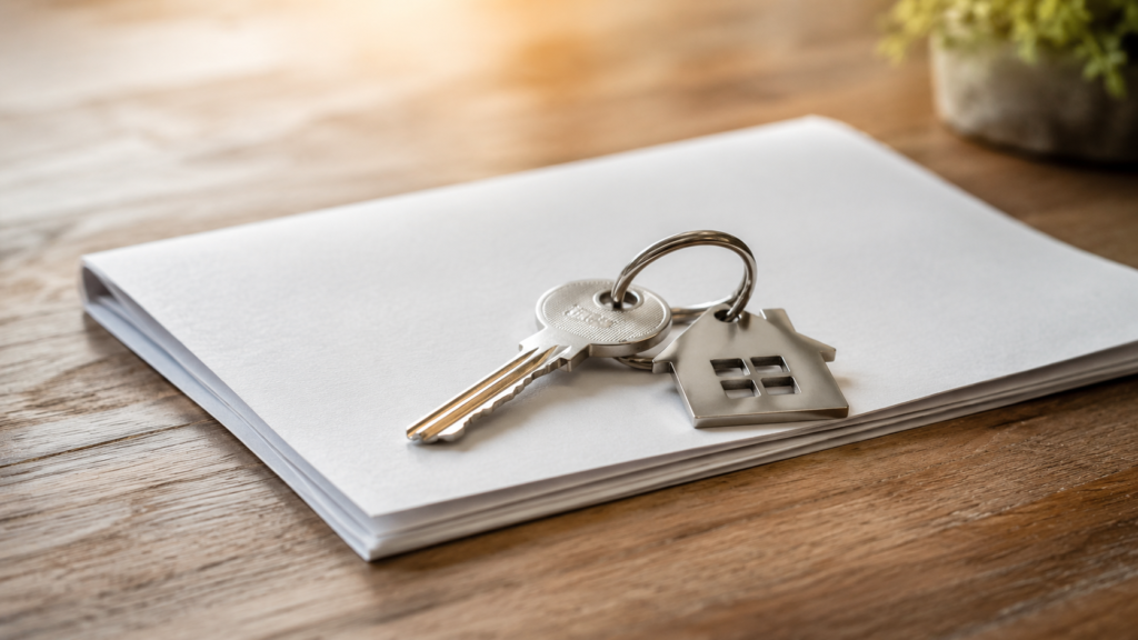 House keys resting on mortgage documents on a table