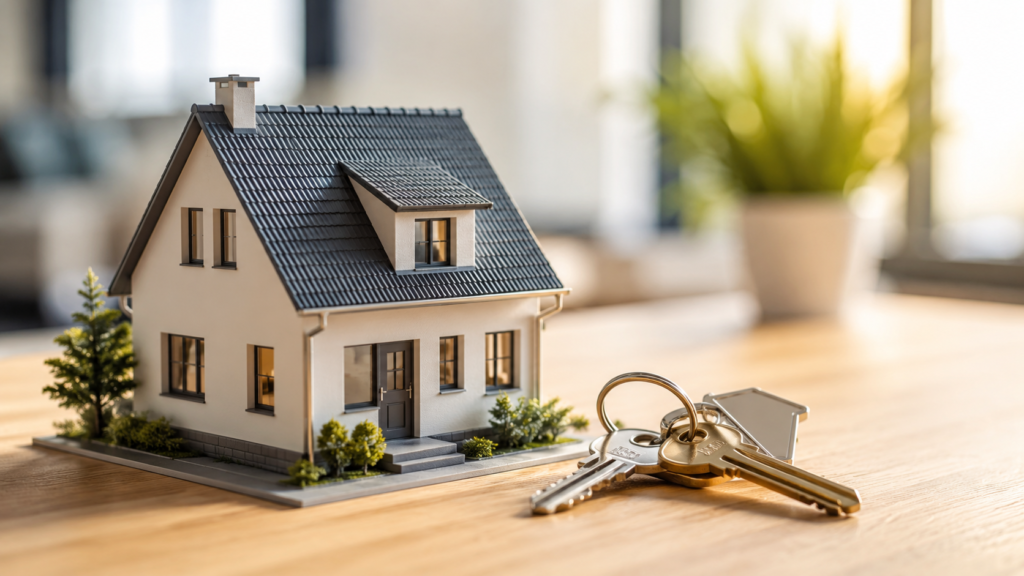 Model home and house keys on a table