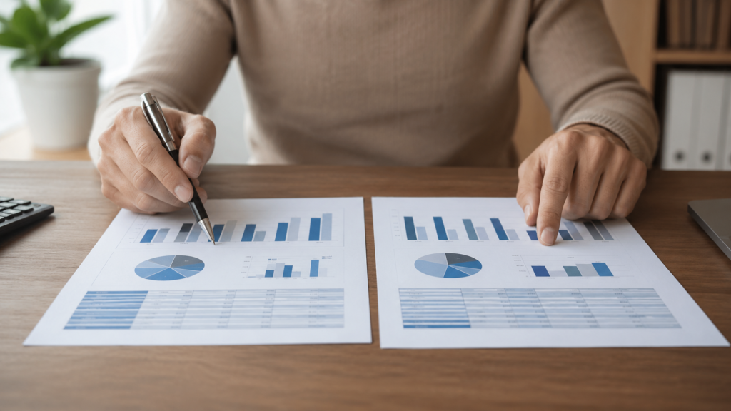 Person reviewing mortgage documents and financial charts at a table