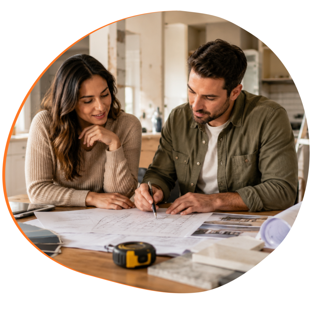 Homeowners reviewing renovation plans, blueprints, and design samples inside a home being improved