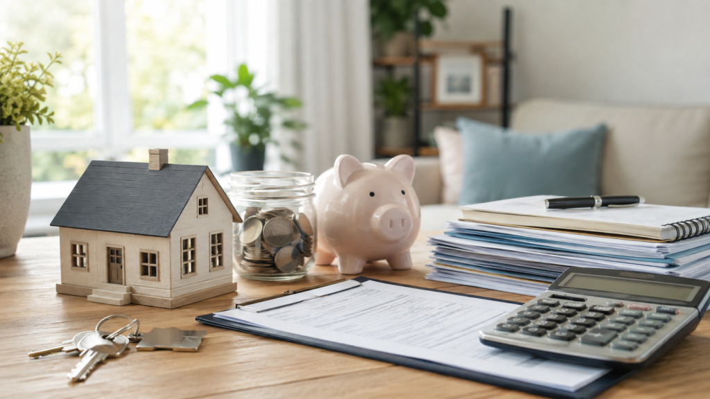 Model home, savings jar, piggy bank, calculator, keys, and mortgage paperwork on a table