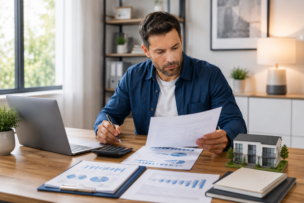 Real estate investor reviewing rental property financial documents representing a stronger DSCR coverage ratio