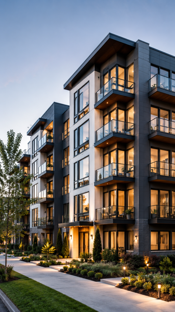 Modern condo building representing investment properties that may qualify for DSCR loan financing