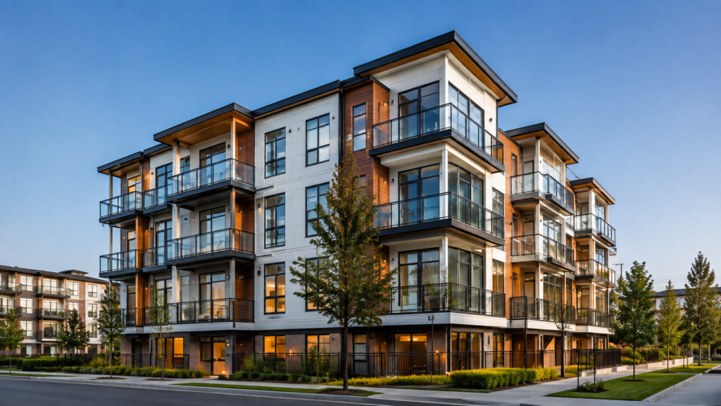 Modern multi-unit apartment building with balconies and landscaped grounds