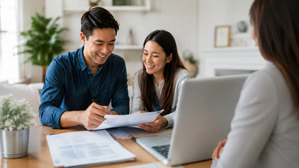 Couple reviewing home financing documents with a mortgage professional