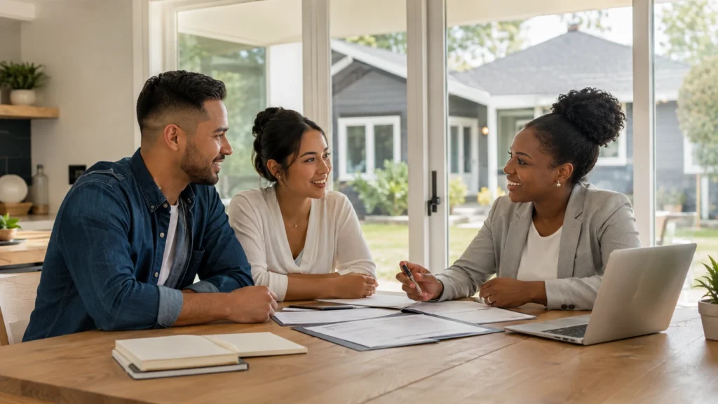 Homebuyers discussing FHA financing options with a mortgage advisor
