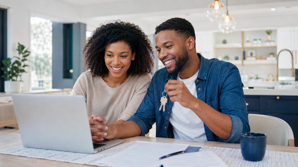 Couple reviewing home financing information together on a laptop