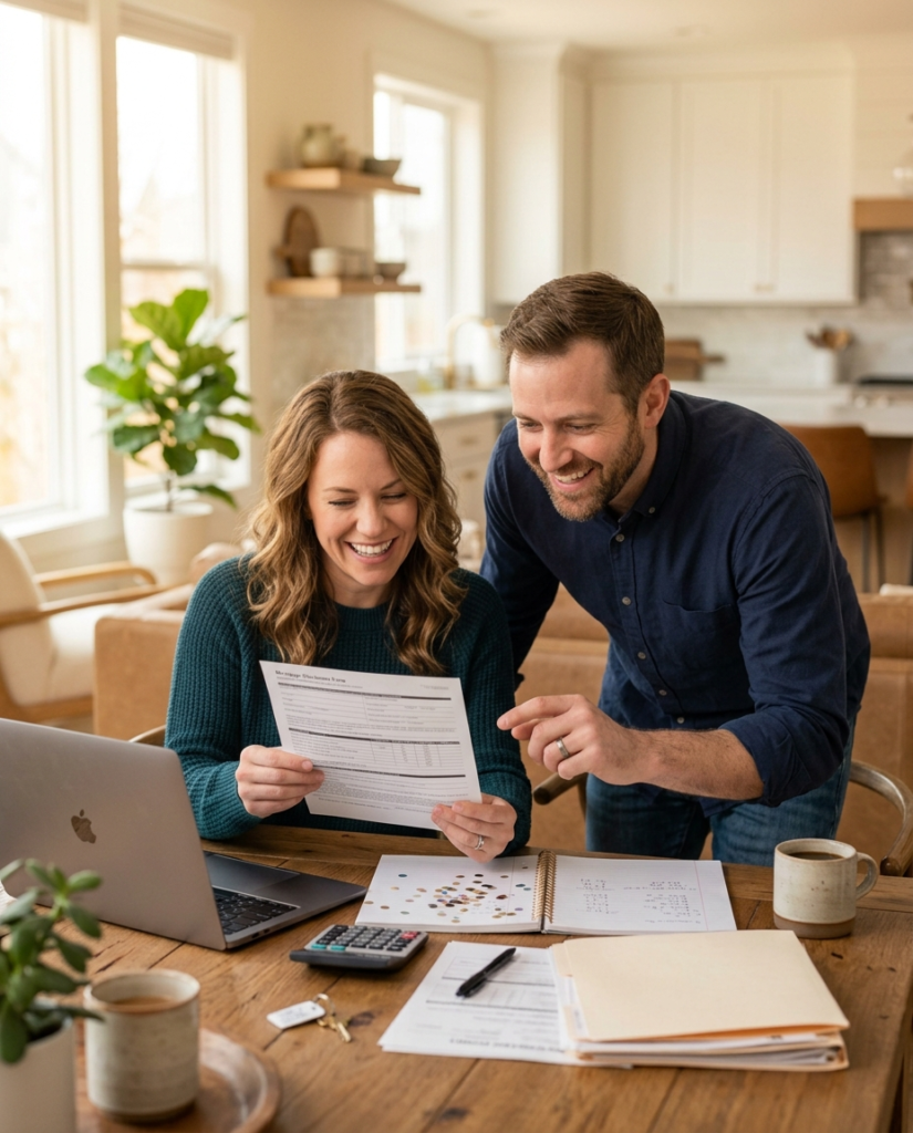 Couple reviewing financial documents with a laptop and calculator at their kitchen table