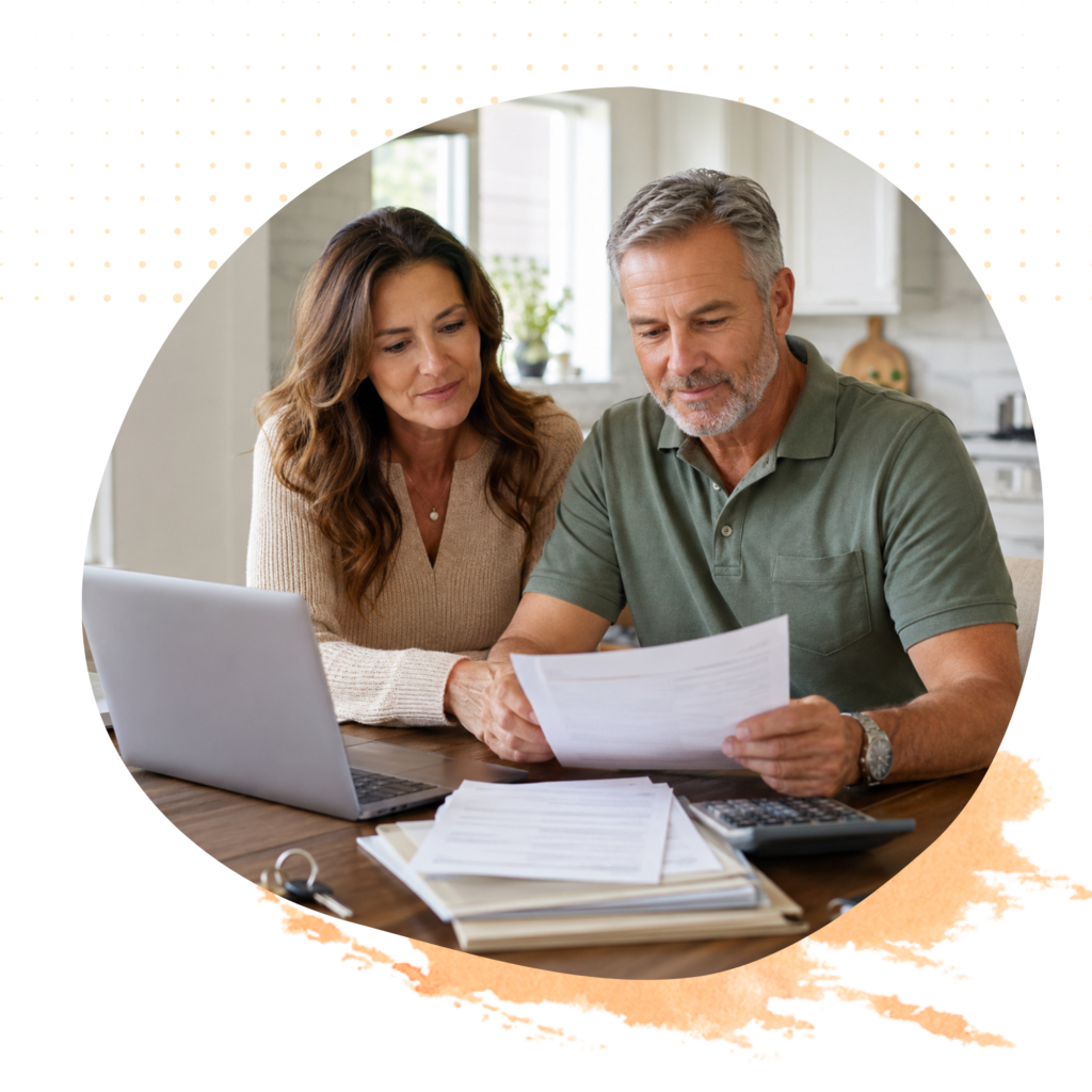 Homeowners reviewing financial documents, a laptop, and calculator while considering home equity financing options.