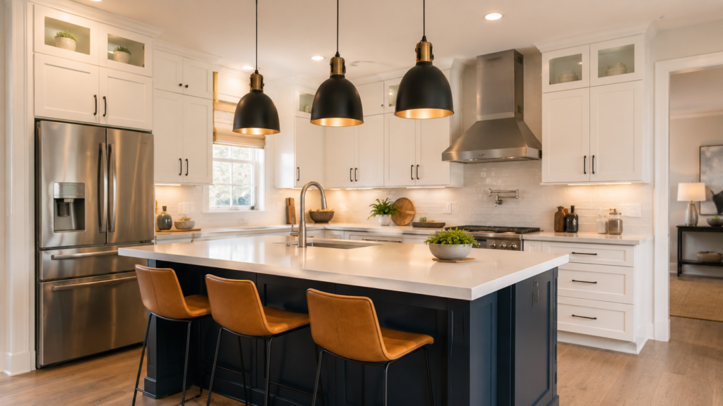 Updated kitchen with white cabinetry, large island, pendant lighting, and stainless appliances