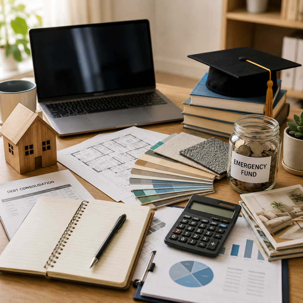 Laptop, calculator, renovation plans, education materials, savings, and financial documents representing common uses of home equity.