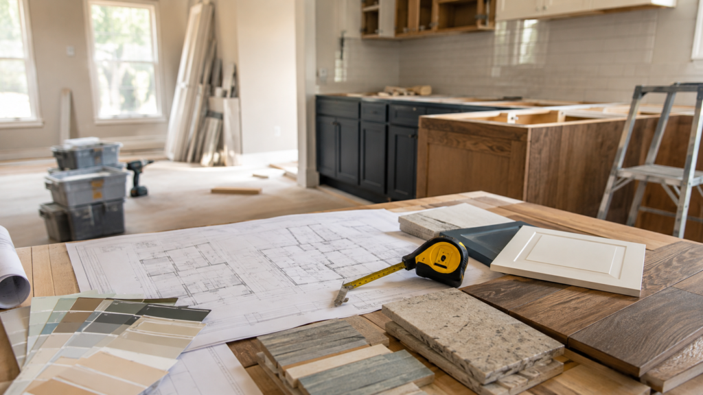 Kitchen renovation in progress with blueprints, tape measure, cabinet sample, and finish materials