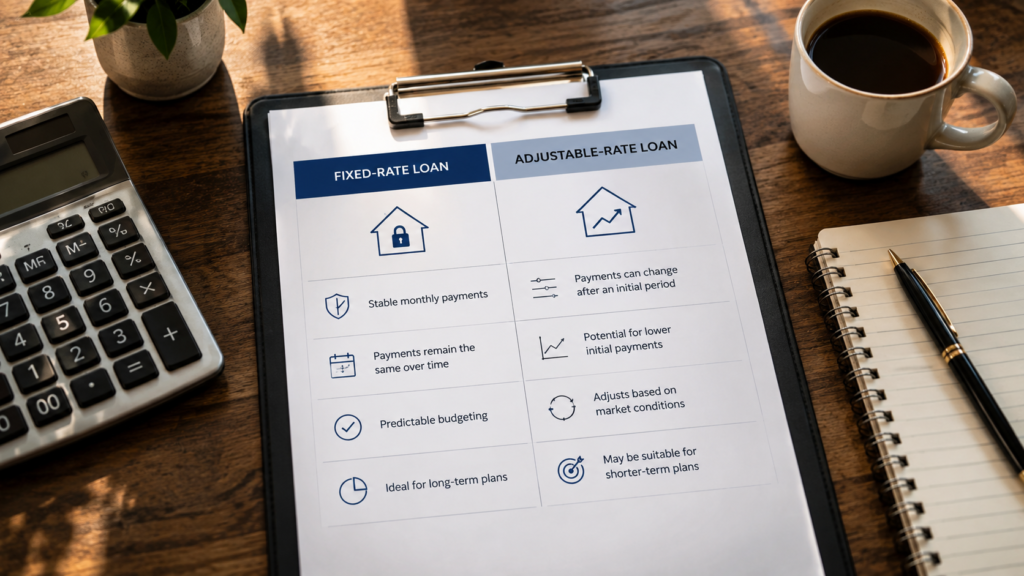 Mortgage comparison worksheet illustrating fixed-rate and adjustable-rate loan options