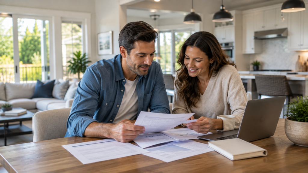 Homebuyer couple reviewing mortgage documents and financing options in a modern home
