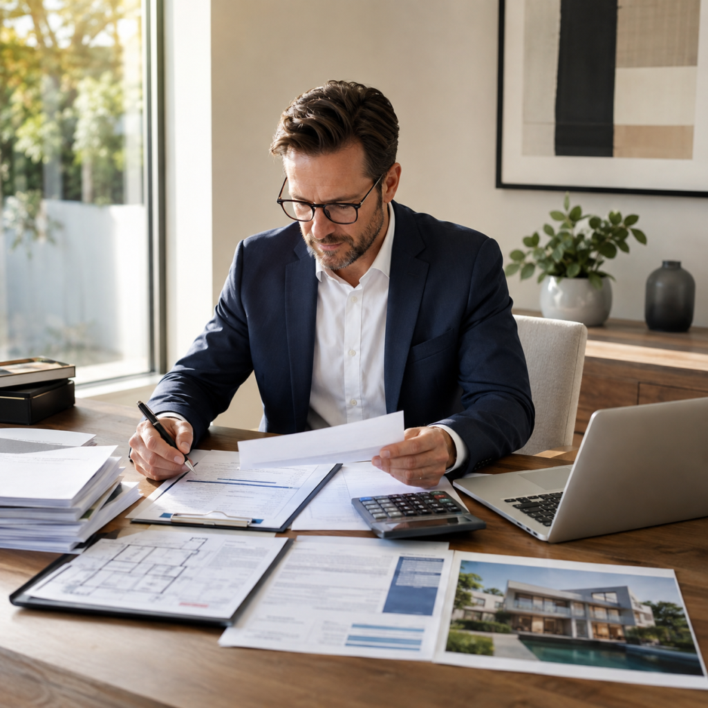 Mortgage professional reviewing financial documents for jumbo loan underwriting