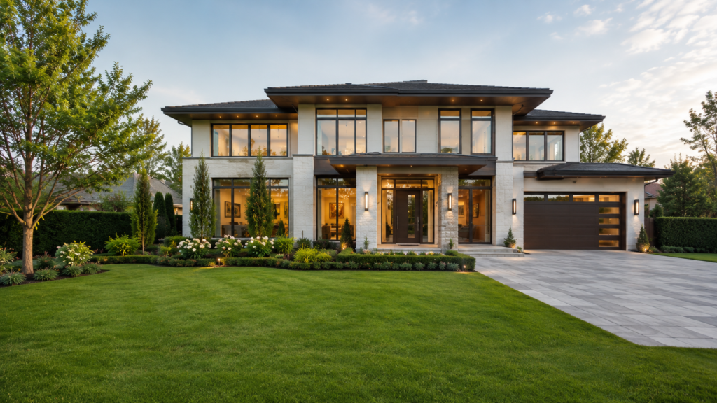 Large modern luxury home with landscaped front yard and attached garage