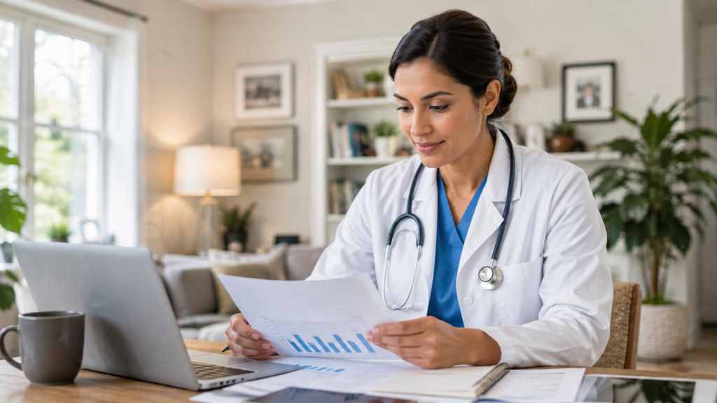 Physician reviewing financial documents beside a laptop in a home setting