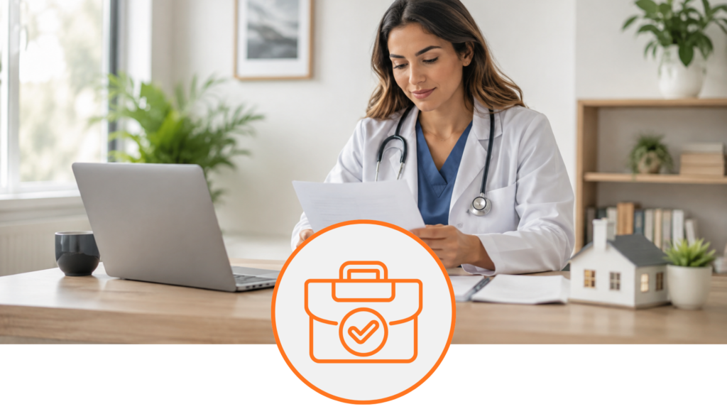 Medical professional reviewing employment and income documents while preparing for a home loan application.