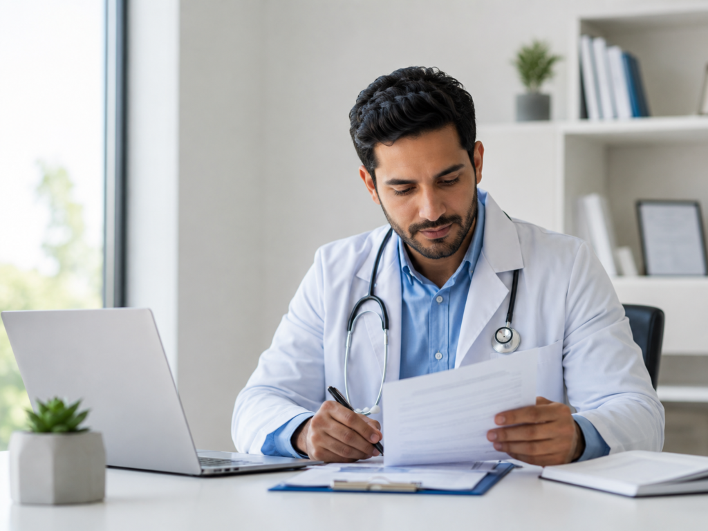 Doctor reviewing financial documents at a desk while evaluating medical professional home loan qualification options.
