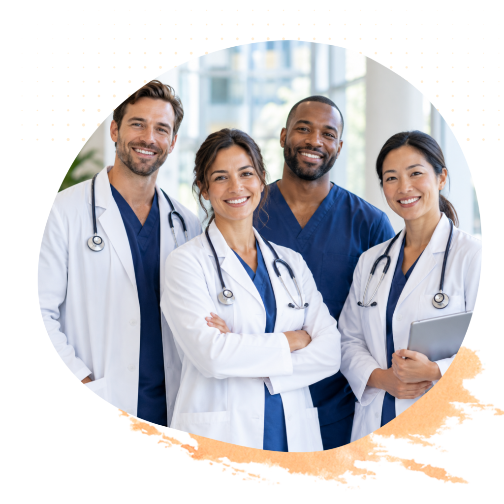 Group of smiling medical professionals standing together in a bright modern healthcare setting
