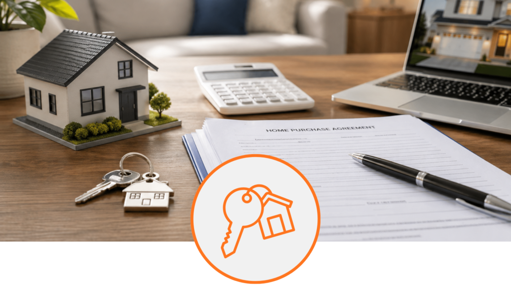 Home purchase documents, house keys, calculator, and model home representing primary residence financing options.