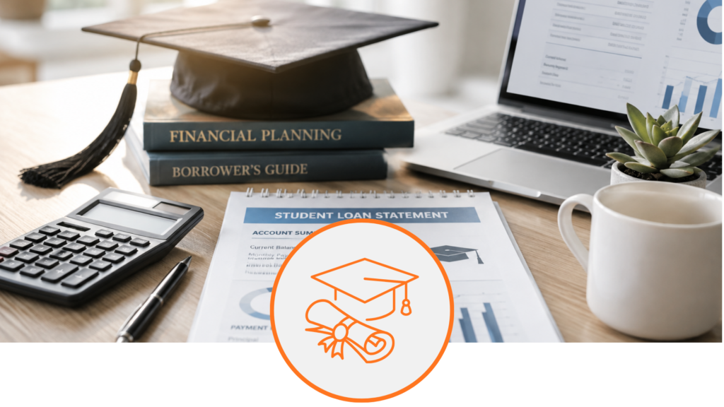 Student loan statement, graduation cap, calculator, and laptop representing student loan evaluation for medical professional financing.