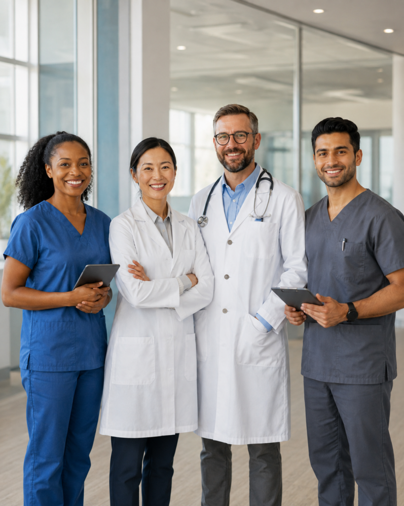 Group of medical professionals including doctors and healthcare providers standing together in a modern clinic.