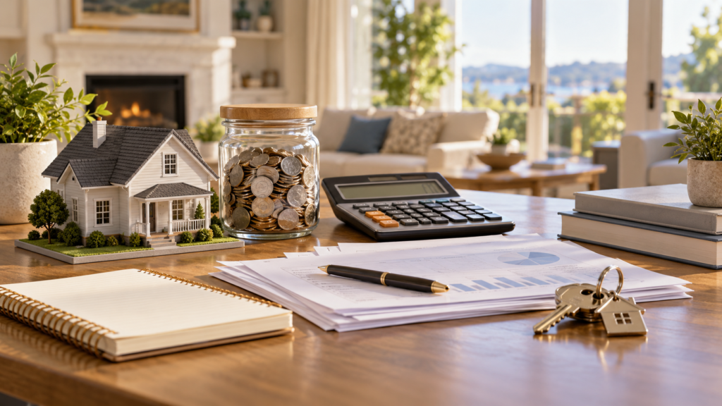 House model, savings jar, calculator, keys, and financial documents representing down payment planning