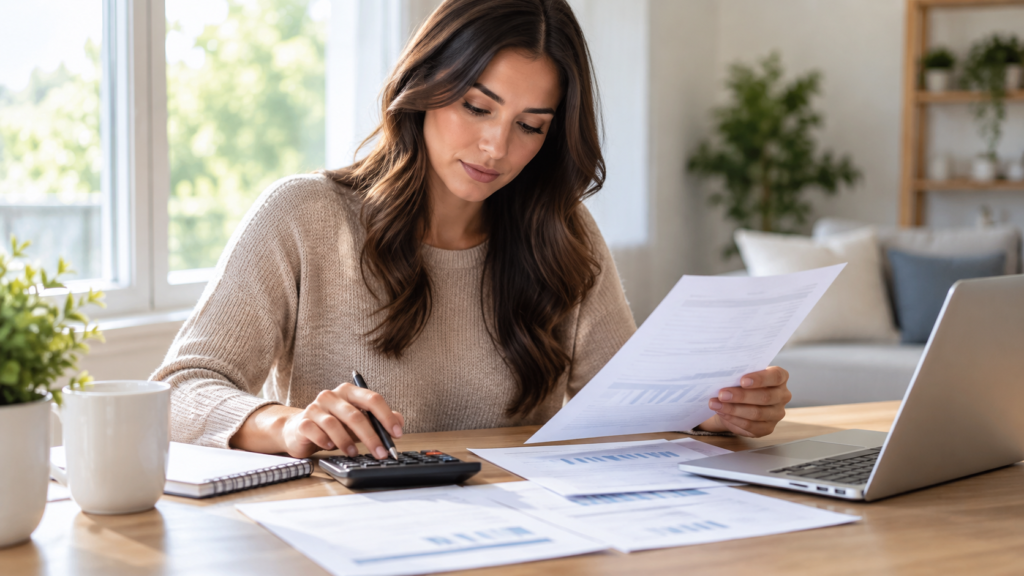 Borrower reviewing financial documents with a calculator and laptop while planning a mortgage payment