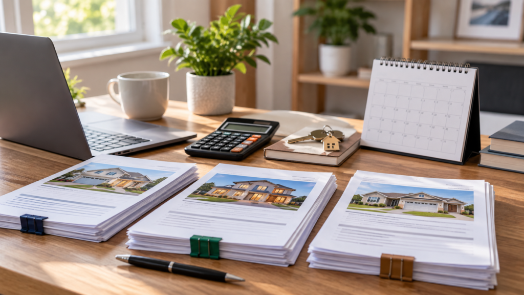 Mortgage documents, calculator, laptop, keys, and calendar representing different loan term options