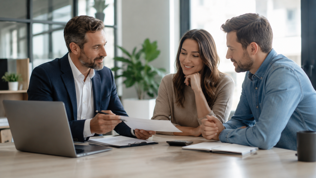 Mortgage broker reviewing home financing options with clients during a consultation