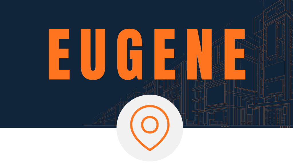 Eugene location graphic with map pin and architectural line illustration