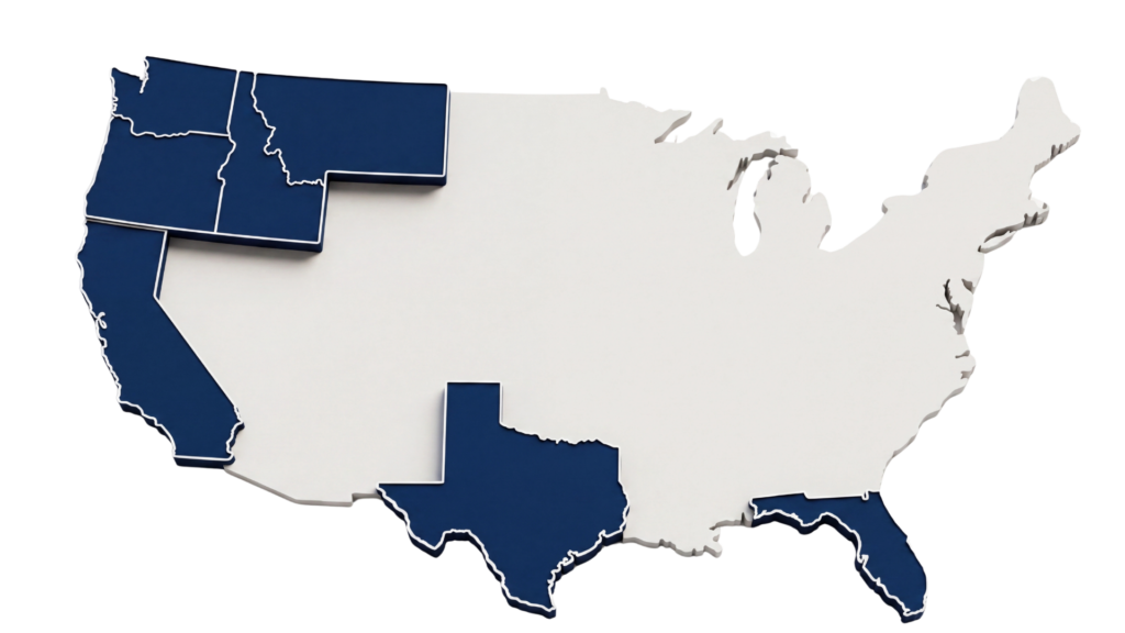Map of the United States highlighting Mortgage Marketplace licensed states in green: Oregon, California, Washington, Idaho, Texas, Florida, and Montana.