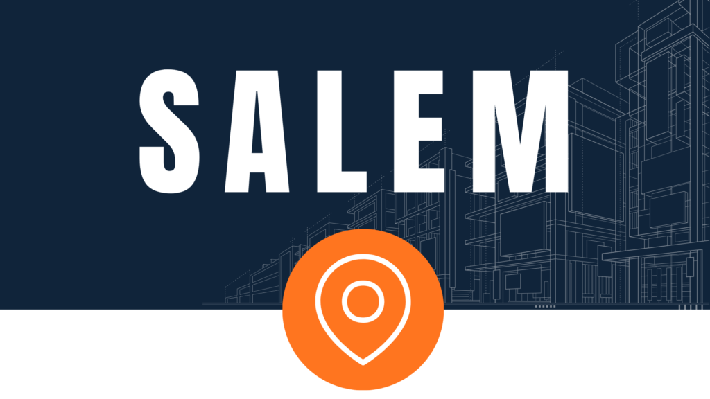 Salem location graphic with map pin and architectural line illustration