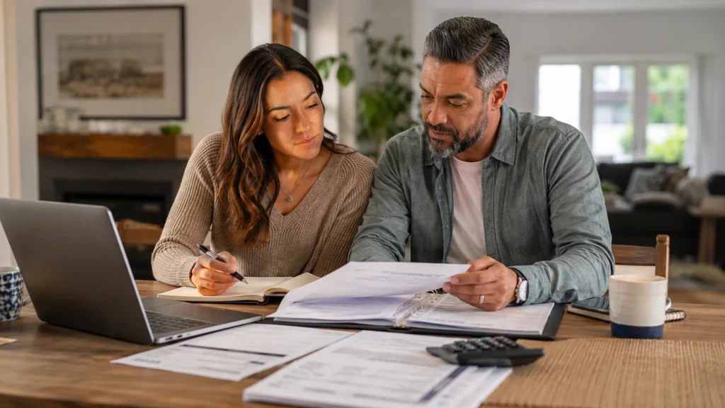 Couple reviewing mortgage documents and refinancing options at home