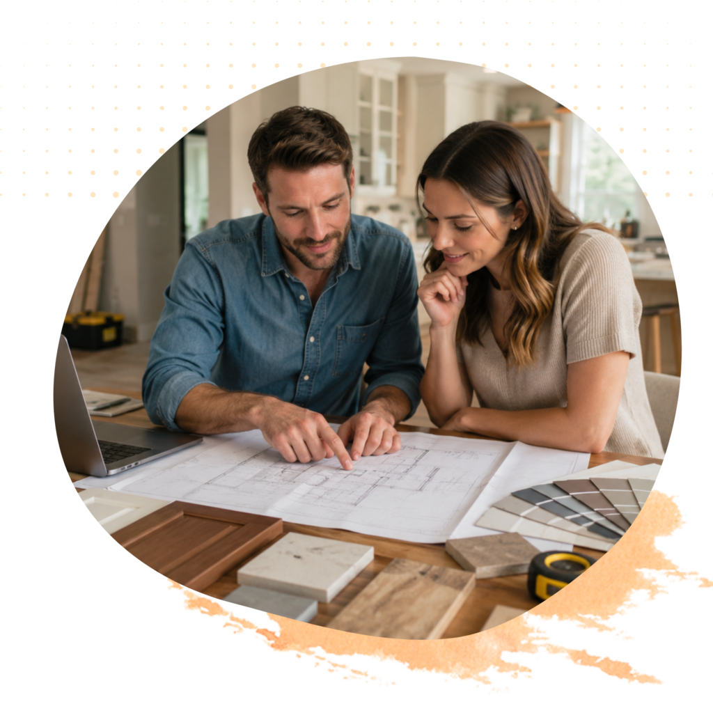 Couple reviewing home improvement plans, blueprints, and material samples during a home renovation
