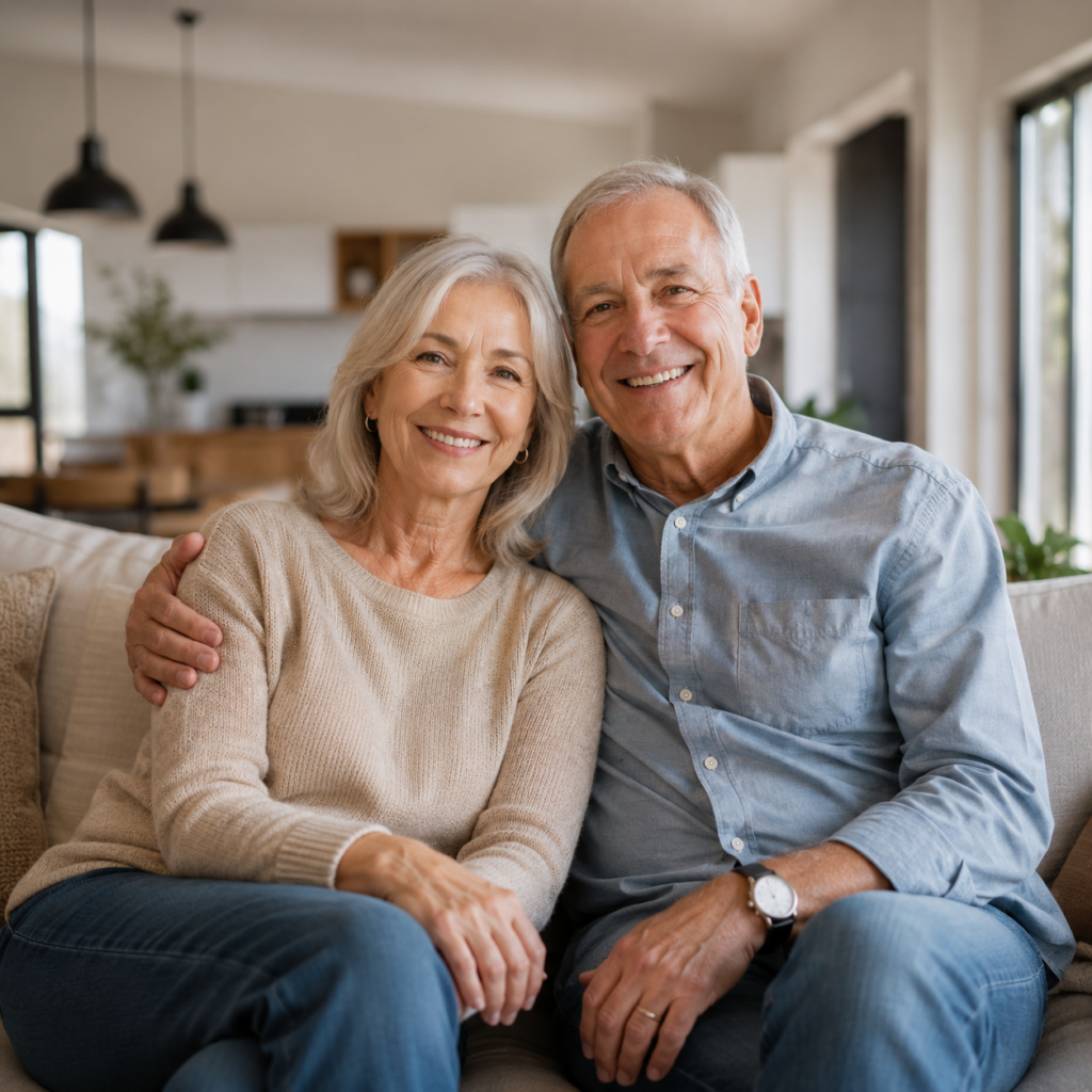 Happy senior couple sitting together at home, representing homeowners who may qualify for a reverse mortgage.